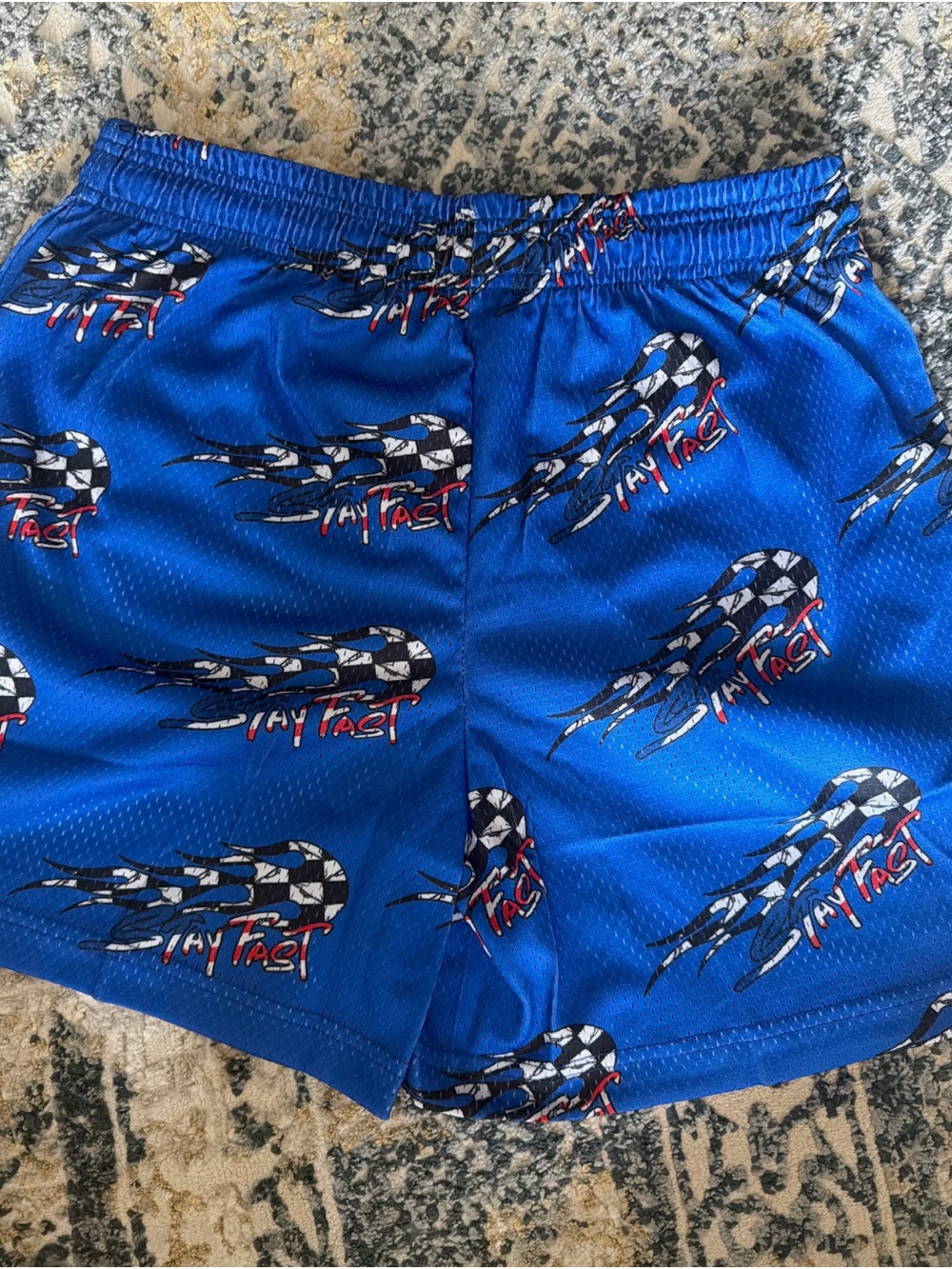 Eric Emanuel Blue Athletic Mesh Shorts with Racing Graphic - Picture 2 of 2